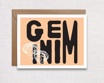 Tarjeta de cumpleaños del zodiaco de Géminis. Tarjeta de felicitación de astrología de feliz cumpleaños