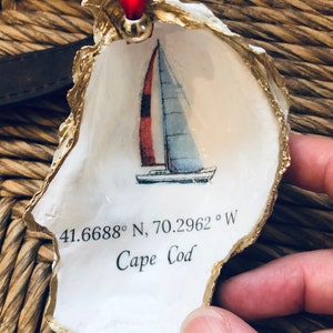 The Cape Cod Christmas Oyster Shell-  latitude and longitude ornament/ bottle ornament