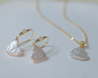 Handmade Heart Shaped Pearl Set/Unique Bridal Jewelry Set/ Valentine's Day Gifts for Her/ Freshwater Pearl Set/ Pearl Necklace and earrings/