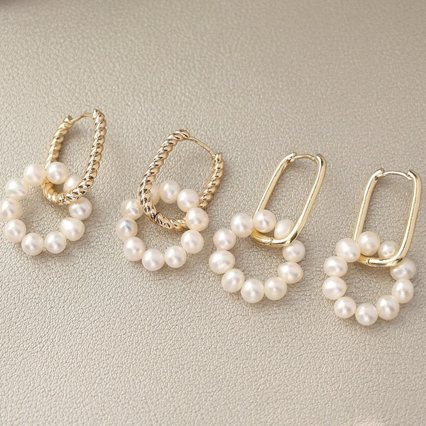 Double Link Pearl Hoop Earrings/ Huggie hoop earrings/ Natural Freshwater Pearl Earring/ Dainty Hoop Earring/Bridal Jewelry/Bridesmaid gift