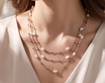 Rhodonite Pearl Necklace, Freshwater Layered Gold Multi Strand, Minimalist Everyday Jewelry for Her