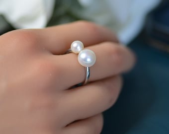 Double Pearl Adjustable Ring Sterling Silver Minimalist Everyday Dainty Gift