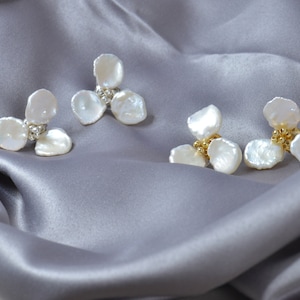 Handmade Baroque Pearl Flower Stud Earrings: Floral Wedding Jewelry