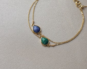 Malachite & lapis lazuli water drop shape simple bracelet, gold bracelet, natural gemstone, double chain link bracelet, double layered