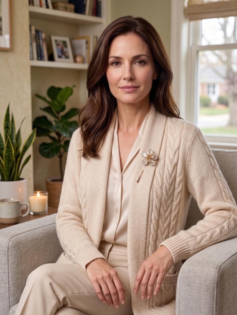 May include: A woman wearing a cream-colored cable-knit cardigan with a matching blouse and pants. A flower brooch adorns the cardigan. The woman is seated in a gray armchair in a well-lit room with a window and a bookshelf.