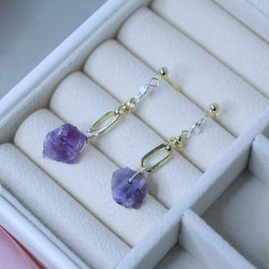 Raw Amethyst Crystal Drop Earrings: Natural Gemstone, Brass