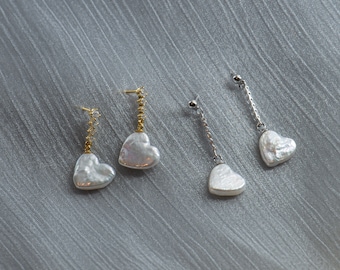 Natural Pearl Heart Earrings/ Freshwater Pearl Earring / Dangle Earring/ Heart Jewelry/ Drop Earring/ Bridal Earrings/ Bridesmaid gift