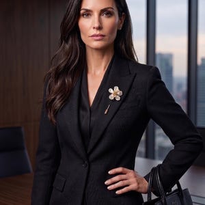 May include: A woman in a black suit with a flower brooch and a black handbag. The suit has a subtle pattern. The handbag has a logo. The background shows a cityscape through a large window.