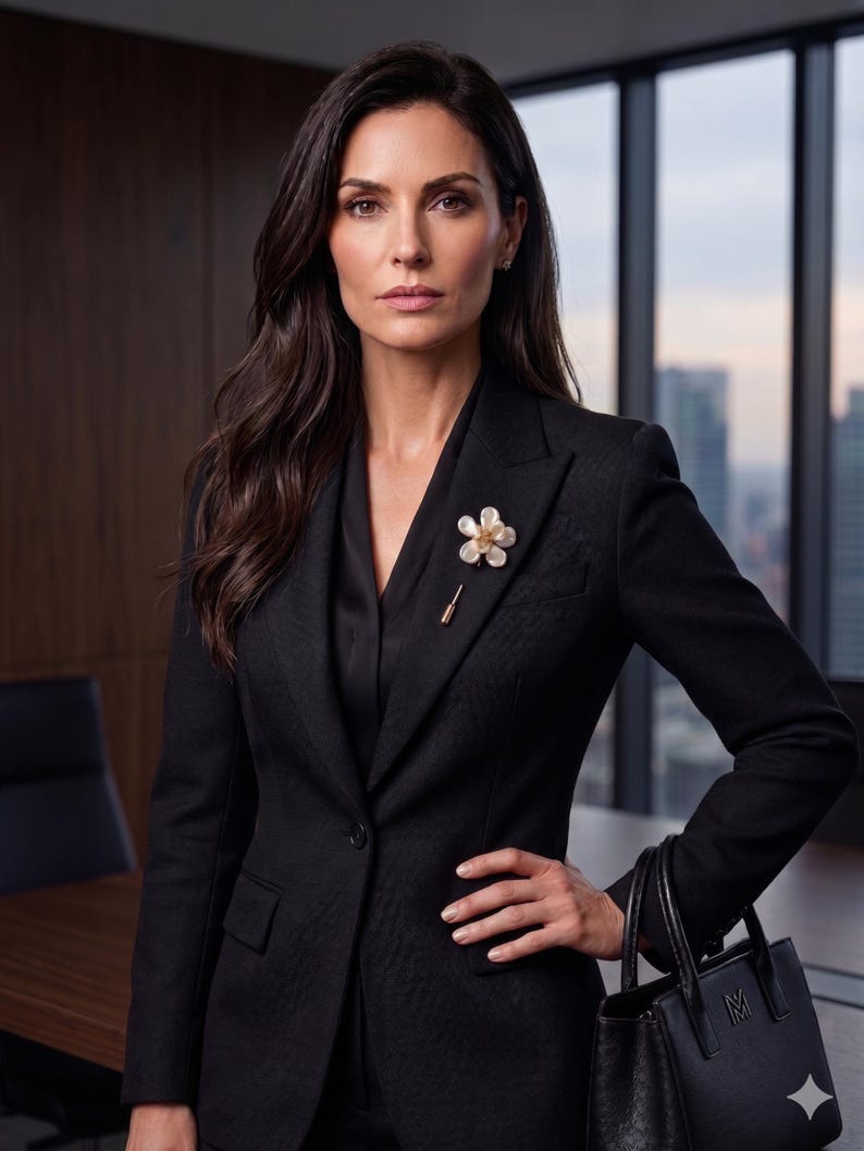 May include: A woman in a black suit with a flower brooch and a black handbag. The suit has a subtle pattern. The handbag has a logo. The background shows a cityscape through a large window.