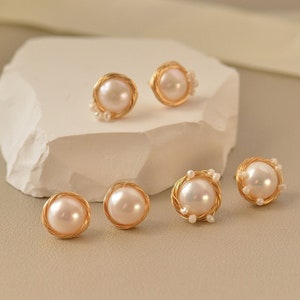 Gold Plated Wire Wrapped Pearl Stud Earrings: Bridal Bird Nest Design