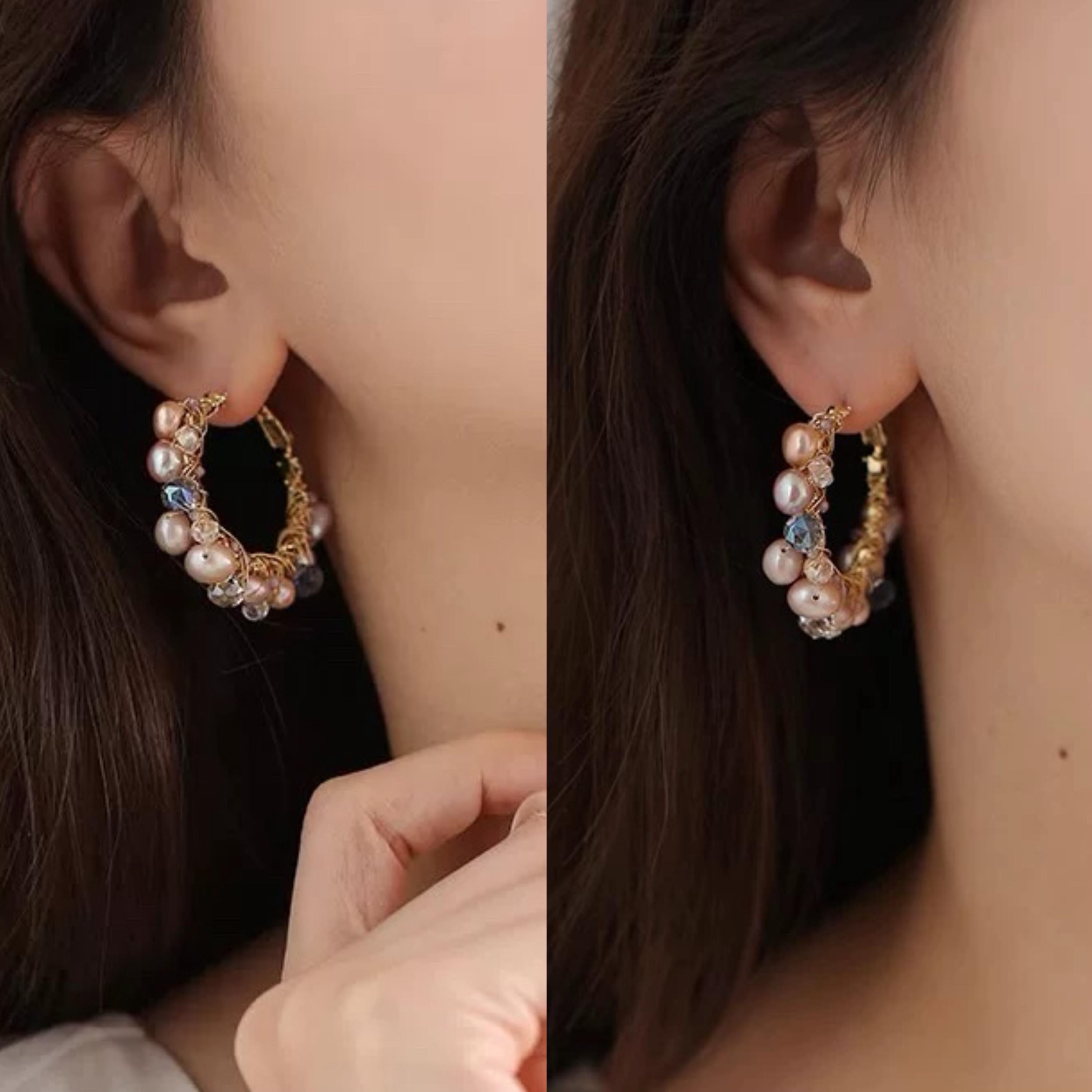 カラフルなパールフープイヤリング：ゴールドワイヤークリスタルビーズ