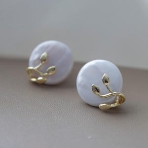 Coin Pearl Stud Earrings: Gold Leaf Branch, Minimalist Wedding Jewelry