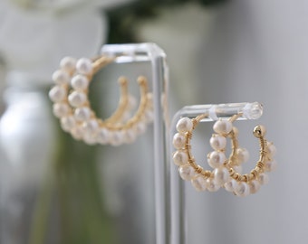 Pearl Hoop Earrings, Pearl Circle Hoop Earrings, Delicate Hoops, Beaded Pearl Earrings, Bridesmaid Gift, Bridal Earrings, Wedding Jewelry