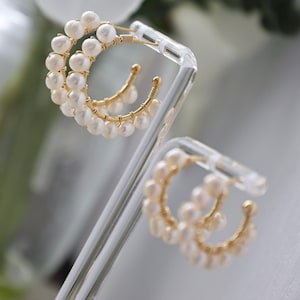 Freshwater Pearl Hoop Earrings: Gold Plated Brass, Bridal Jewelry
