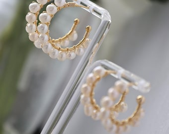 Handcrafted Wire Wrapped Pearl Hoop Earrings Minimalist Elegant Romantic Timeless Sophisticated Artisanal Statement Jewelry