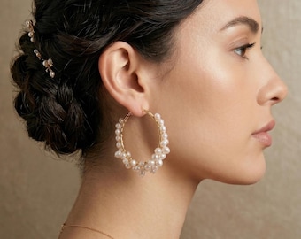 Dramatic Pearl Hoop Earrings Cluster Bridal Hoops Romantic Wedding Jewelry Unique Statement Gift for Her