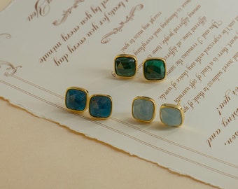 Minimalist Stud Earring/ Aquamarine Square Stud Earrings/ Malachite Square Stud Earrings/ Apatite Square Stud Earrings/ Vintage Style