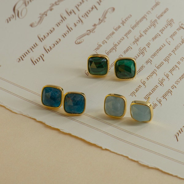 Minimalist Stud Earring/ Aquamarine Square Stud Earrings/ Malachite Square Stud Earrings/ Apatite Square Stud Earrings/ Vintage Style