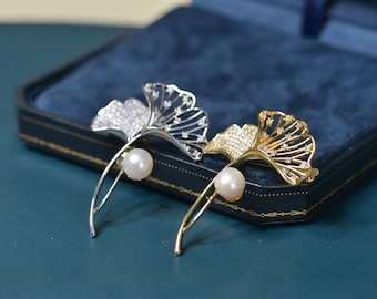 Exquisite Ginkgo Leaf Pearl Brooch Necklace 2 In 1 Romantic Botanical Rhinestone Jewelry Gift