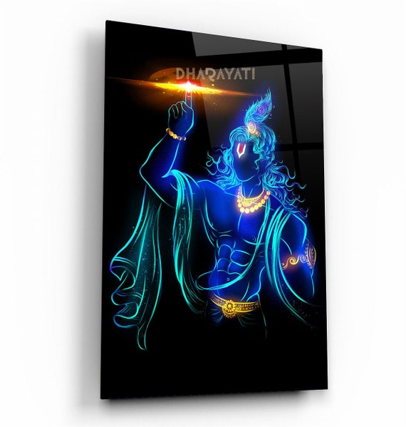 Lord Krishna in Blue With Sudarshana Chakra Glass Wall Art
