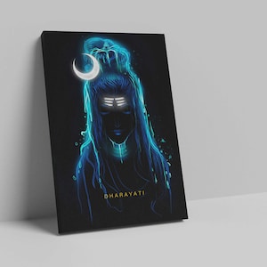 May include: A digital art print of a blue and white depiction of the Hindu deity Shiva, with the text "Dharayati" at the bottom.