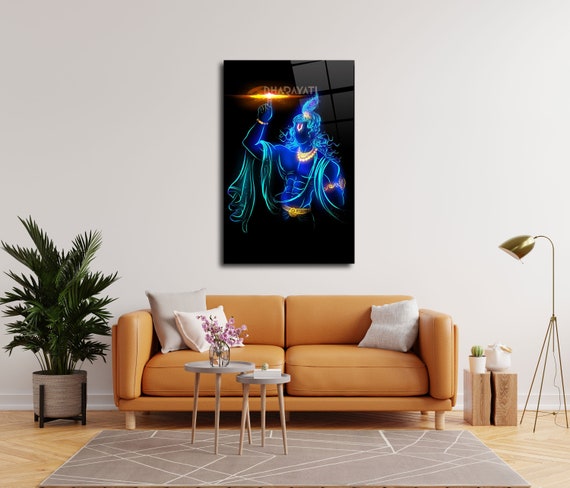 Lord Krishna in Blue With Sudarshana Chakra Glass Wall Art