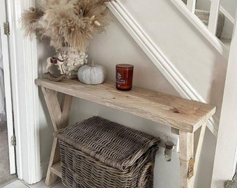 Farmhouse console table, rustic console table, X leg entryway table, reclaimed wood hallway table, shoe storage, hallway organisation
