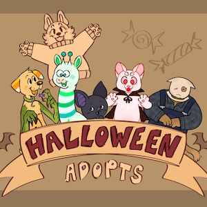 May include: A digital illustration featuring five cartoon characters above a banner with the text HALLOWEEN ADOPTS. The characters include a dog, a giraffe, a bat, a vampire-like creature, and a scarecrow-like figure, with bats and pumpkins.