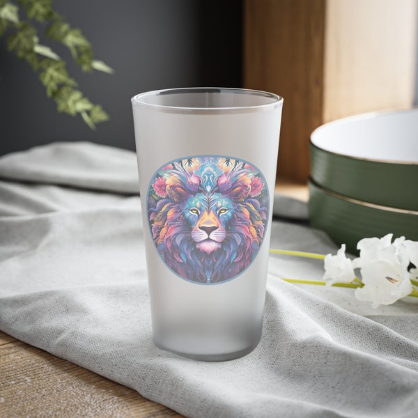 Verre à pinte dépoli Lion mystique, 16 oz | Beau verre à bière Magical Lion Pint | Grand cadeau pour les Lions