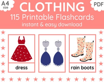 Kleding Flashcards voor kinderen | 115 afdrukbare woordenschatkaarten (digitale pdf-download)