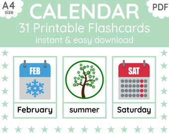 Flashcards kalender voor kinderen, dagen, maanden, seizoenen (digitale pdf-download)