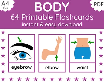 Lichaamsdelen Flashcards | Afdrukbaar Engels onderwijs voor kinderen (digitale pdf-download)