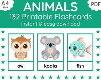 132 dieren-flashcards | Afdrukbaar Engels onderwijs (digitale pdf-download)