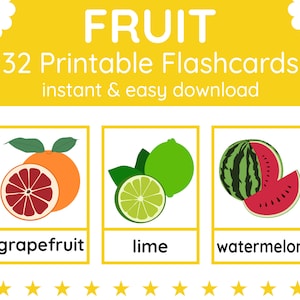 32 Flashcards FRUITS | Cartes mémoire imprimables | Flashcards pour les enfants | Enseignement de l'anglais