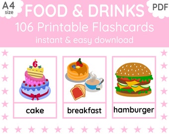 Eten en drinken Flashcards voor kinderen, Engels leren (digitale pdf-download)