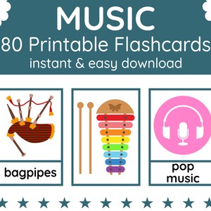 80 MUSIC Flashcards | Printable Flashcards | Musical Instruments | Music Genres | Flashcards for Kids | English Teaching