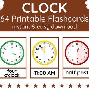 64 KLOK, TIJD Flashcards | Uren, dagdelen | Afdrukbare flashcards | Flashcards voor kinderen | Engels onderwijs