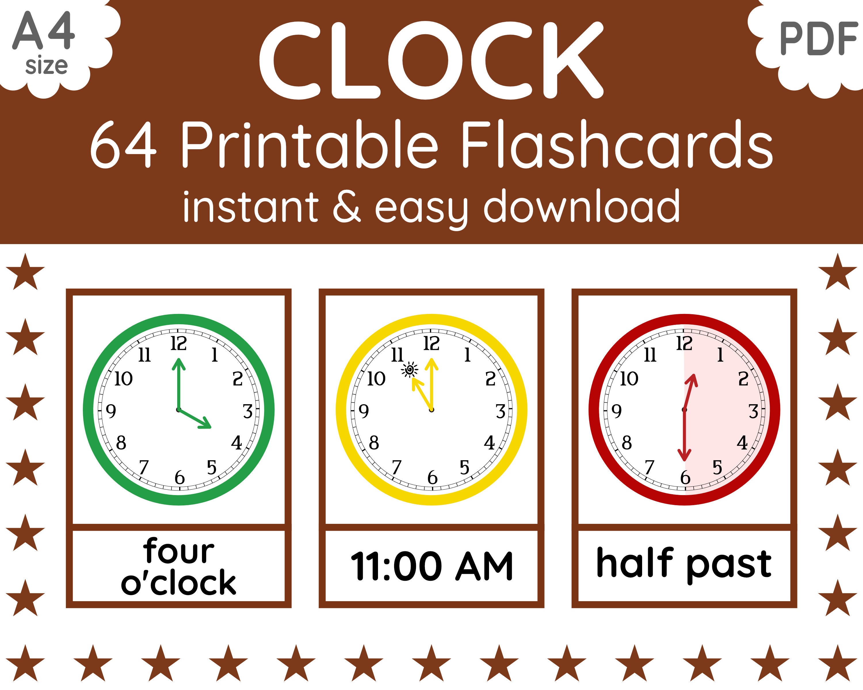 64 CLOCK TIME Flashcards Hours Parts of Day Printable Etsy