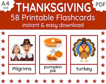 Thanksgiving-flashcards | 58 afdrukbare kaarten voor kinderen (digitale pdf-download)