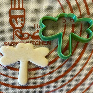 May include: A green plastic cookie cutter shaped like a dragonfly on a brown and orange silicone baking mat. A plain sugar cookie cut with the cutter is also on the mat.
