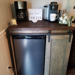 Barn Door Cabinet with Mini Fridge and Microwave