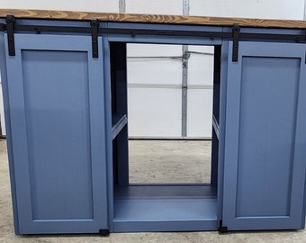 Mini Fridge Cabinet Farmhouse Style 2 Door Slider / Beverage bar / Coffee Station / Coffee Bar / Wine Fridge Cabinet  (3 Bay)