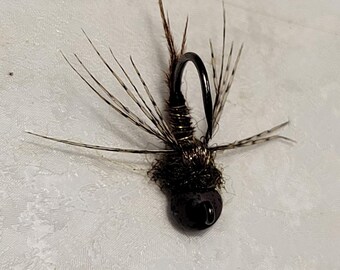 May include: A close-up of a fishing fly with a black hook and a dark brown body. The fly has thin, light brown and dark brown feather-like extensions. The fly is designed for catching fish.