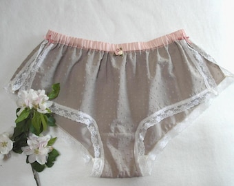 Swiss Dot Beige Cotton Knickers – Soft Pink Waist, Beige Lace Trim, Side Slit Lingerie