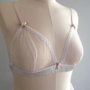 Reggiseno triangolo semitrasparente beige: reggiseno in tulle a rete maculato fatto a mano XS-XL