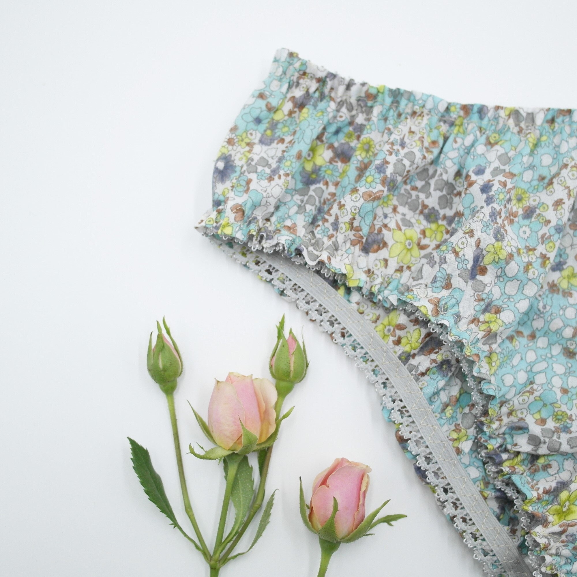 Turquoise Floral Cotton Bloomer: Ruffled Panty XS-XL