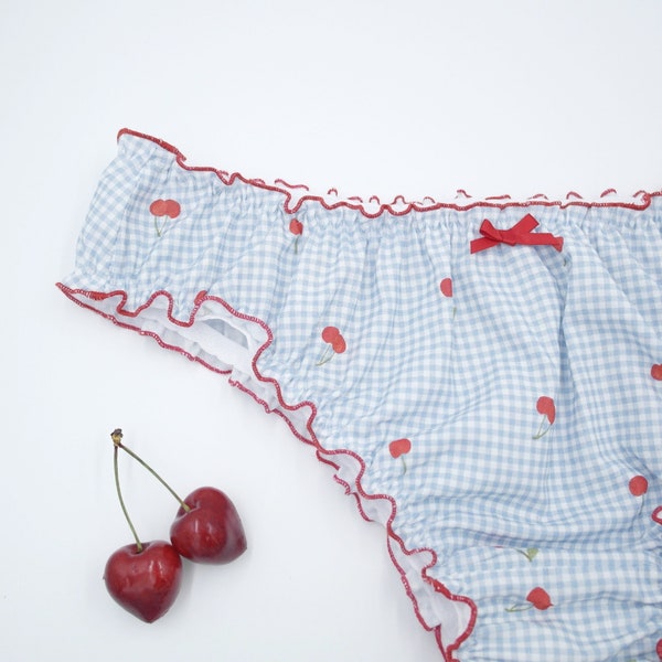 Cherry blue checkered cotton bloomer panty Summer style undies