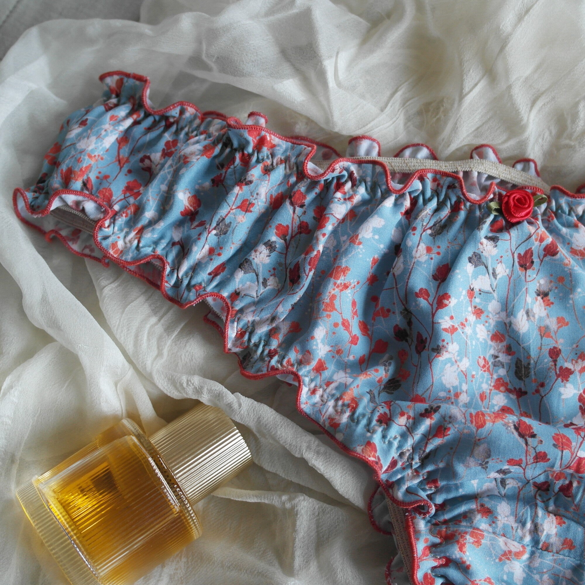 Ruffled Edge Panty With Satin Red Rose Handmade Lingerie Very Comfy