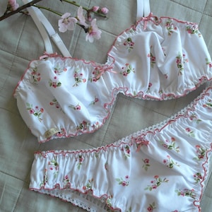 BLOSSOM cotton lingerie set with satin bows Cherry blossom bralette and panty Spring floral underwear for women