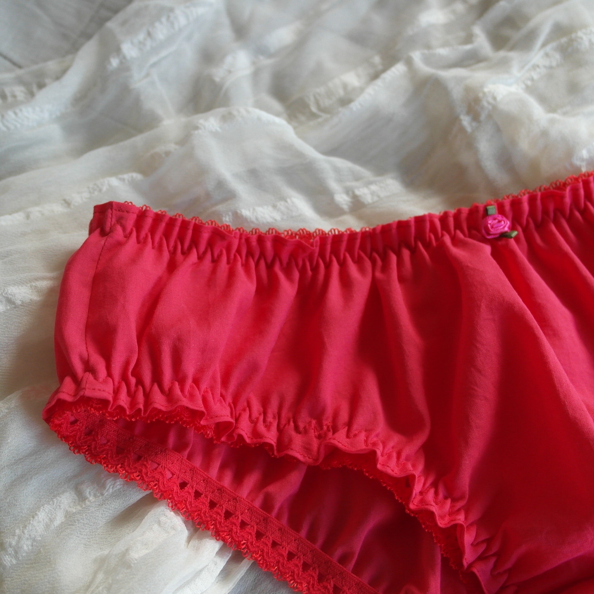 Coral Red Cotton Bloomers: Handmade Ruffled Panty with Pink Rose XS-XL